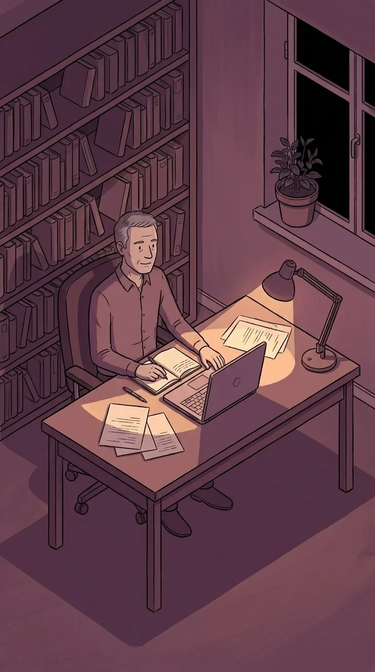 Ein Mann sitzt abends am Schreibtisch mit Laptop und Unterlagen, dahinter ein Bücherregal.