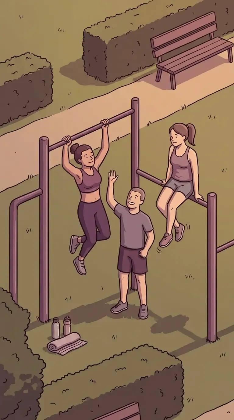 Zwei Menschen trainieren an Klimmzugstangen im Park, ein dritter steht daneben.