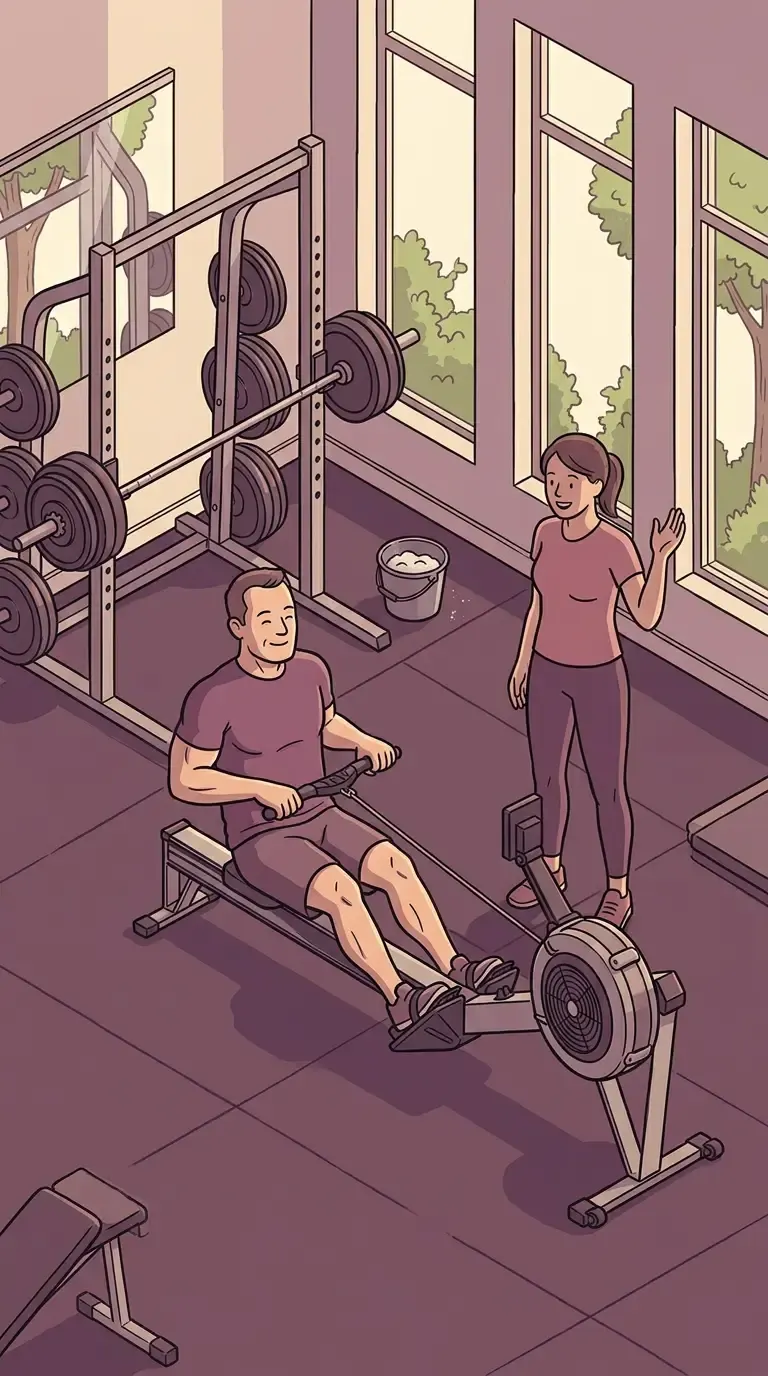 Ein Fitnessstudio mit Rudergerät, Hantelbank und Gewichten, zwei Menschen trainieren am Fenster.